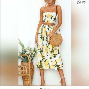 Amazon Women's Floral Lemon Midi skirt and top- White and Yellow